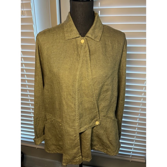 Tops - FLAX Jeanne Engelhart 100% Linen Olive Green Asymmetrical Jacket Shirt Small